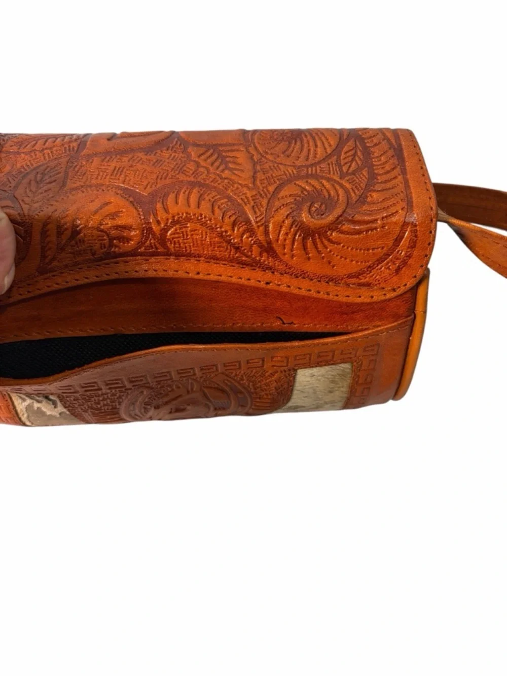 Vintage Cross body Bag Made In Mexico Brown Leather Horse Hair Rose Purse